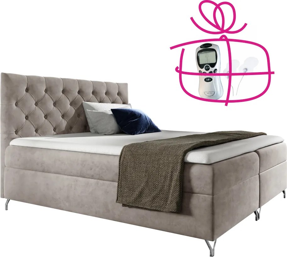 Boxspring ágy, 140x200, szürkésbézs Taupe Velvet szövet, GULIETTE + ajándék