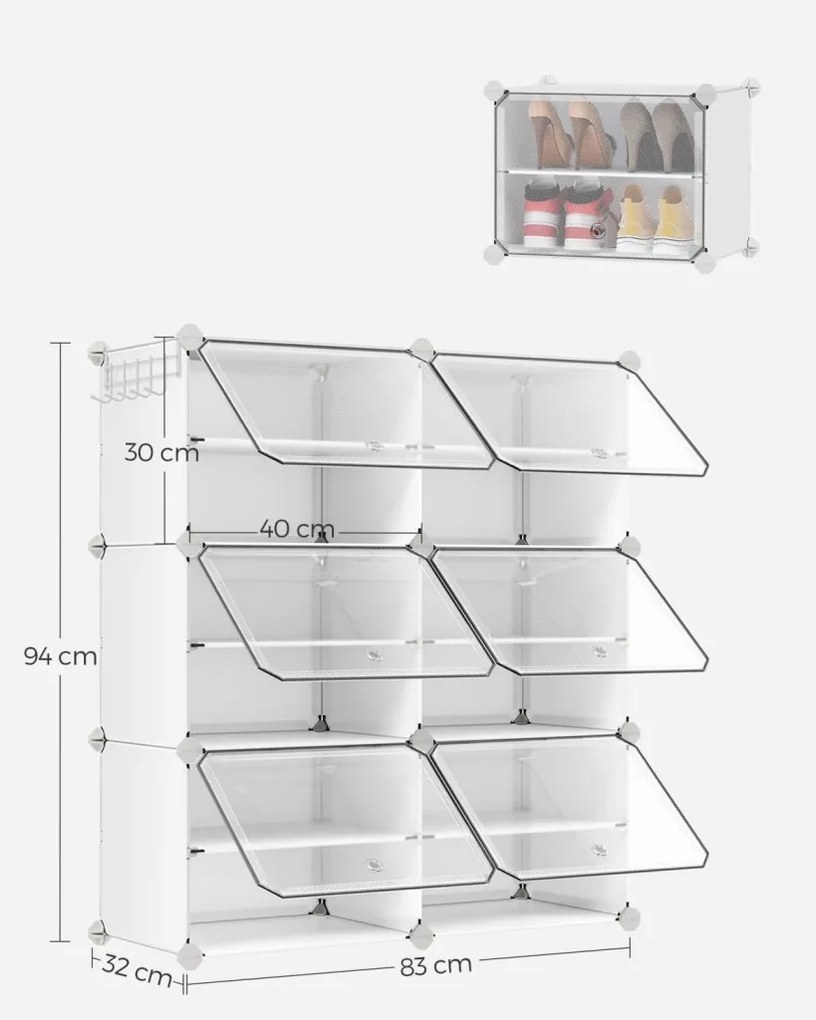 Cipőtároló doboz 6 rekeszes tárolódoboz, fehér 82x32x92cm