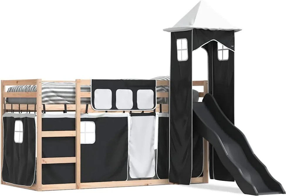 vidaXL fehér-fekete emeletes ágy csúszdával és függönnyel 90 x 190 cm