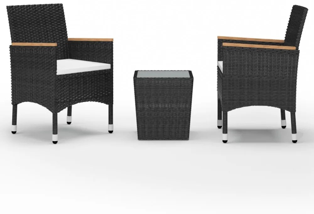 3 részes fekete polyrattan és edzett üveg bisztrószett