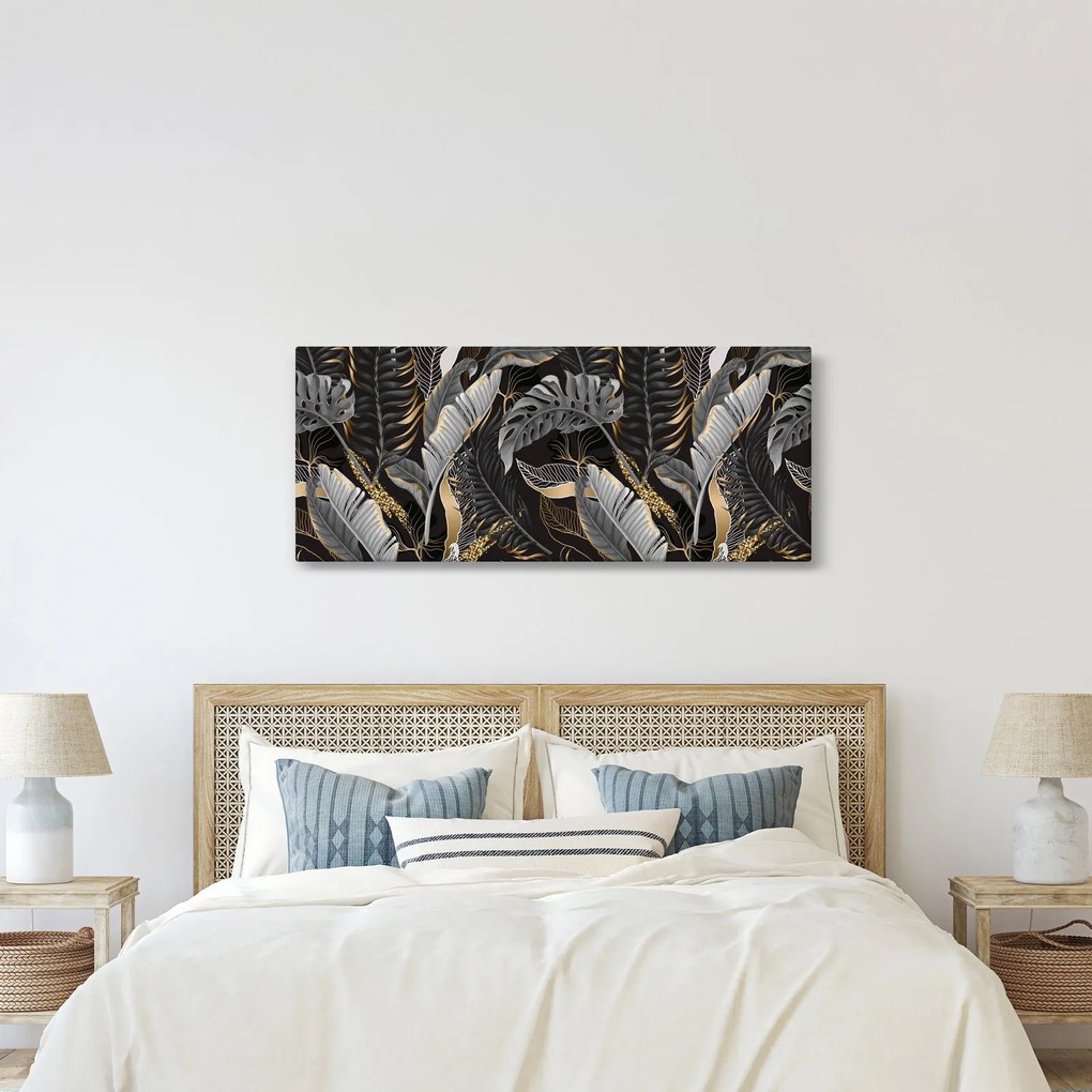 Kép - Trópusi levelek fekete és arany színben (120x50 cm)