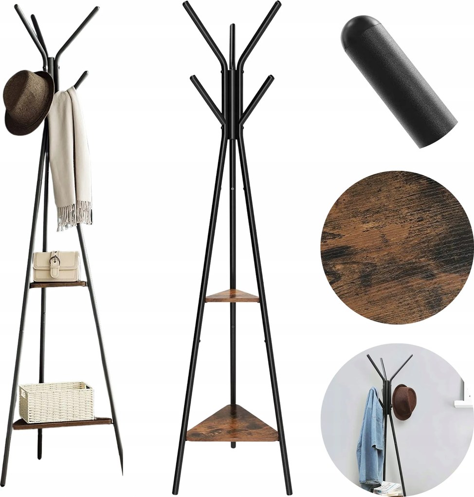 Akasztós álló ruhaállvány Acél 6 akasztó 2 polc Loft 179 cm