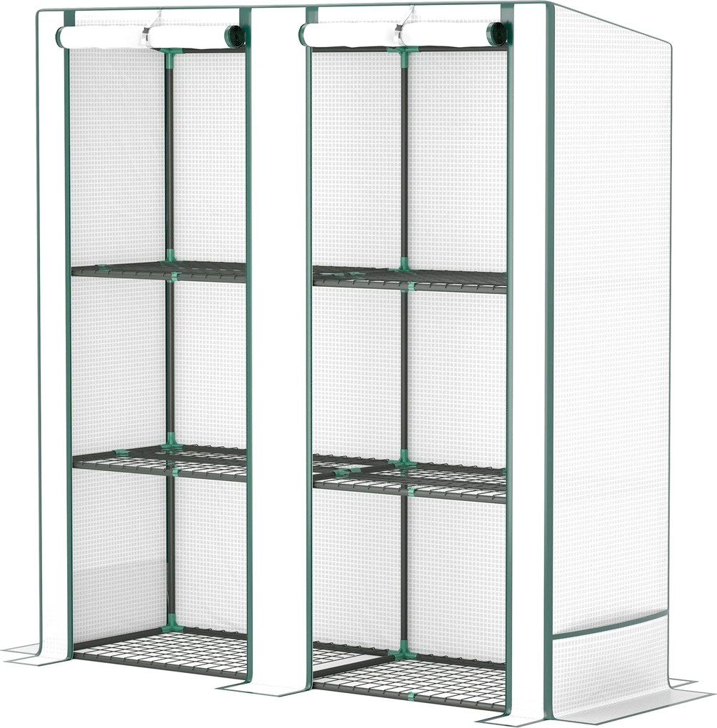 Outsunny Üvegház Magastetős Kétszárnyú Ajtóval, Polcokkal, Télen Tartós Műanyag Üvegház Acélból, Üvegház Erkélyre, Kertbe, Paradicsomház 144 x 48 x 15