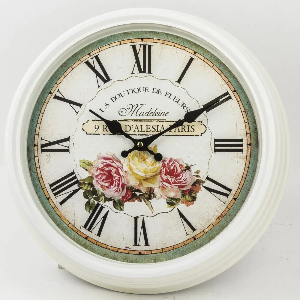 La Boutique De Fleurs Paris vintage koptatott rózsás kerek fehér kvarc falióra római számokkal 39x39x9cm