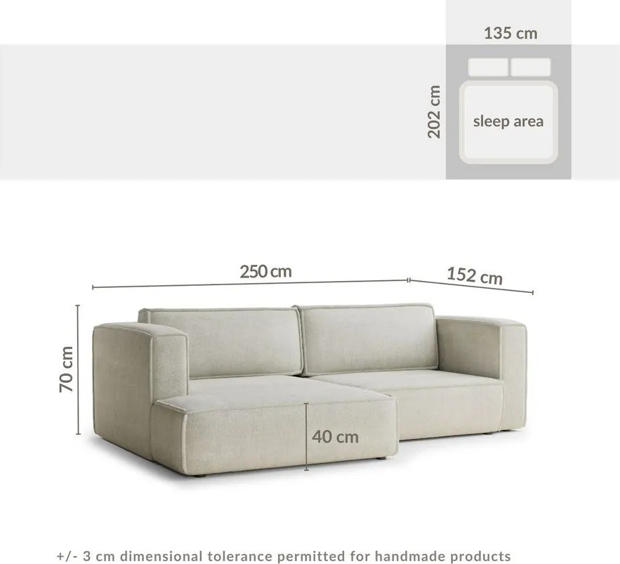 Világoskék zsenília kinyitható-tárolóhelyes sarokkanapé (bal oldali-heverő résszel) Velto – Maison de Rêve