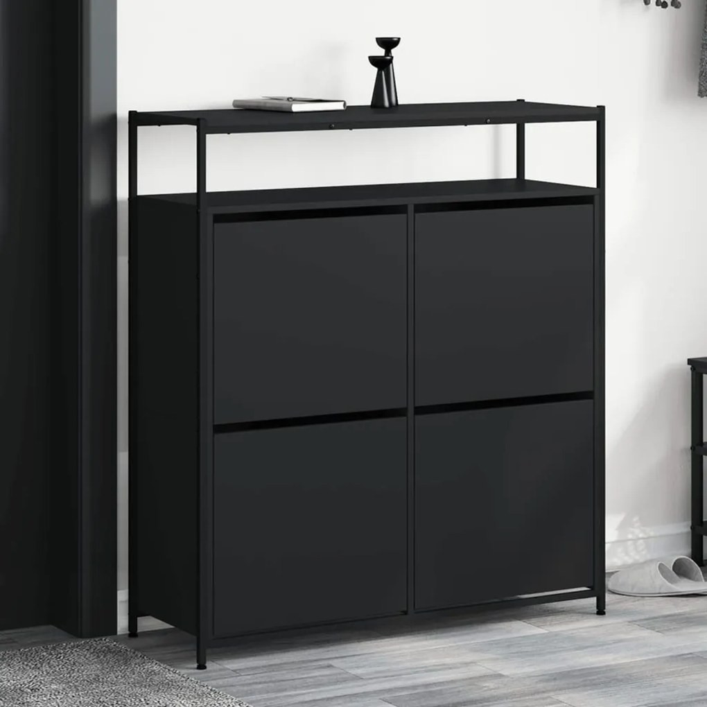 fekete cipőszekrény 4 kihajtható fiókkal 100 x 34 x 112 cm