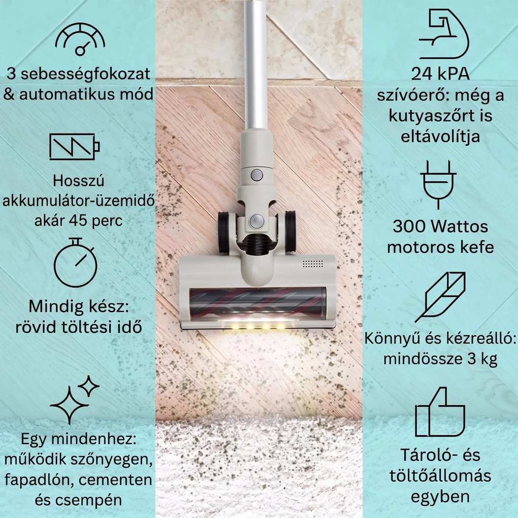 Klarstein LARMA vezeték nélküli, porzsák nélküli porszívó, 45 perc akkumulátoridő, max. LED