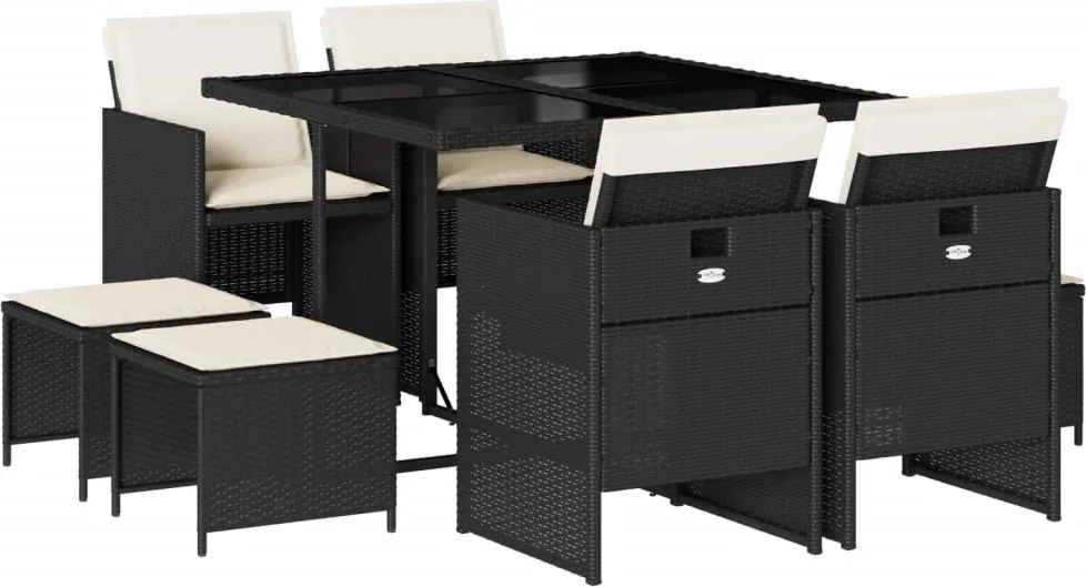 vidaXL 9 részes fekete polyrattan kerti étkezőgarnitúra párnákkal