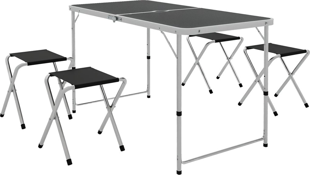 Outsunny 5 darabos Kemping Szett Összecsukható Kemping Asztal Székekkel, 1 Magasságban Állítható Asztallal Napernyő Lyukkal 120x60x55-70 cm és 4 Össze