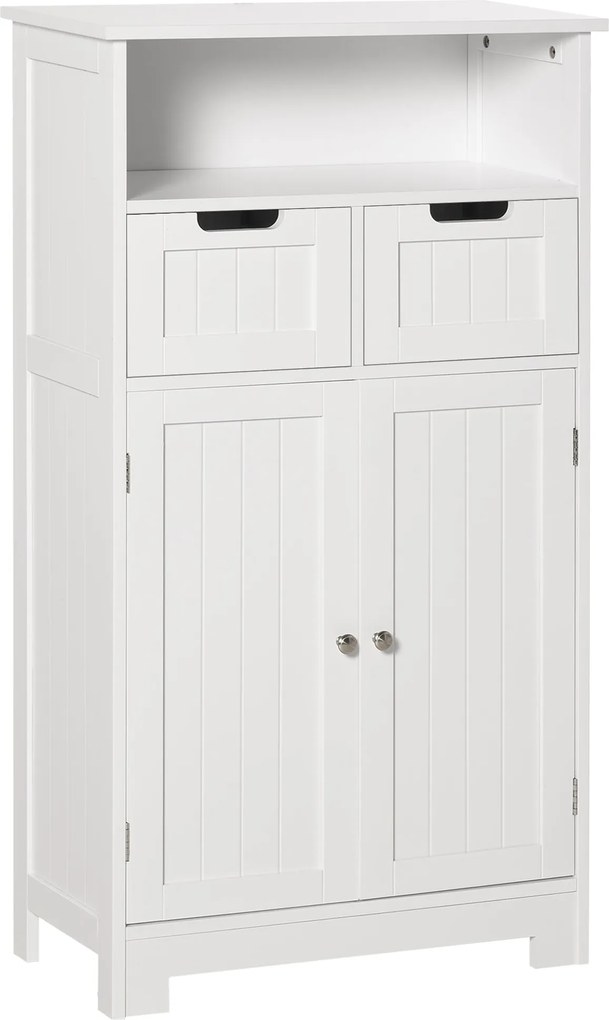 Kleankin Fürdőszobaszekrény 2 Ajtóval, Állítható Polccal, 2 Fiókkal és Nyitott Térrel - 60x30x108,8 cm - Fehér | Aosom