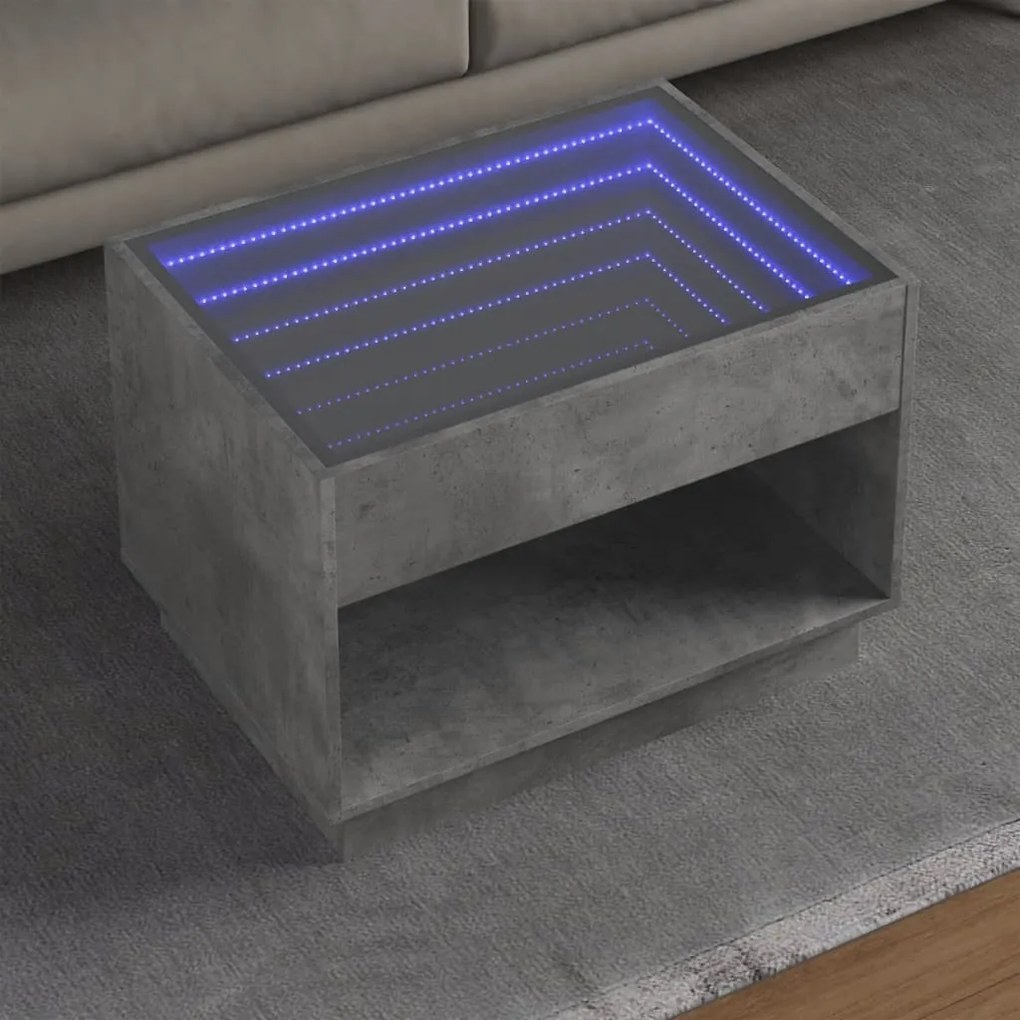 Betonszürke végtelen hatású LED-es dohányzóasztal 70x50x50 cm