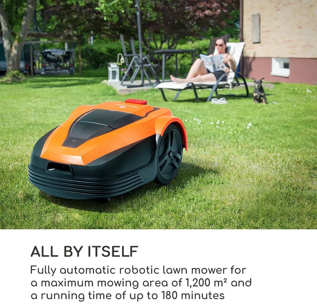 Blumfeldt Garden Hero, robotfűnyíró, 5,2 Ah, akkumulátoros működés, 1200 m²-ig, narancsszínű