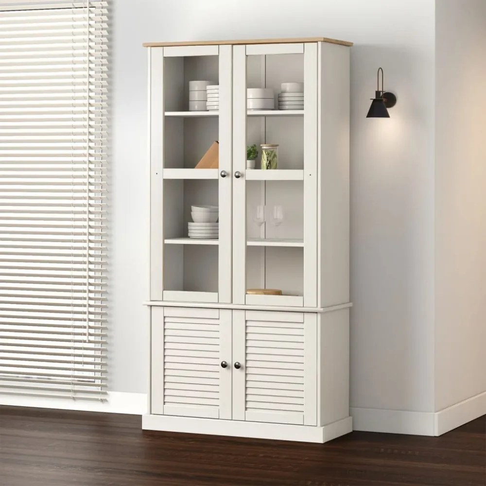 VIGO fehér üvegvitrines tömör fenyőszekrény 85x35x170 cm