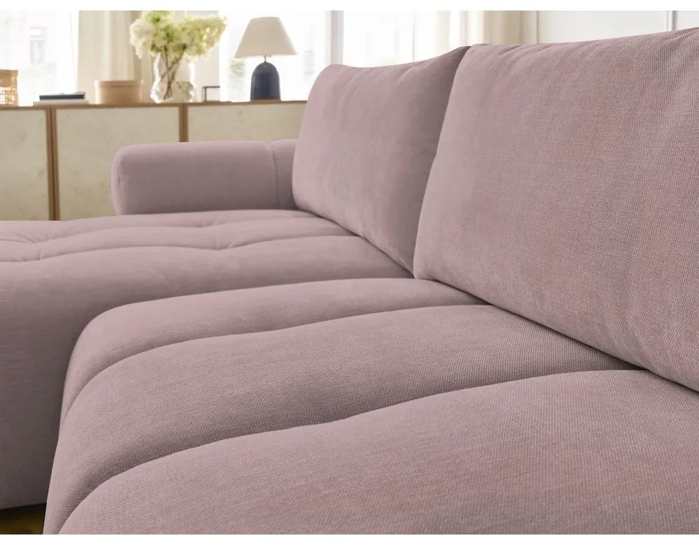 Rózsaszín kinyitható-tárolóhelyes sarokkanapé (bal oldali-heverő résszel) Fuji – Bobochic Paris