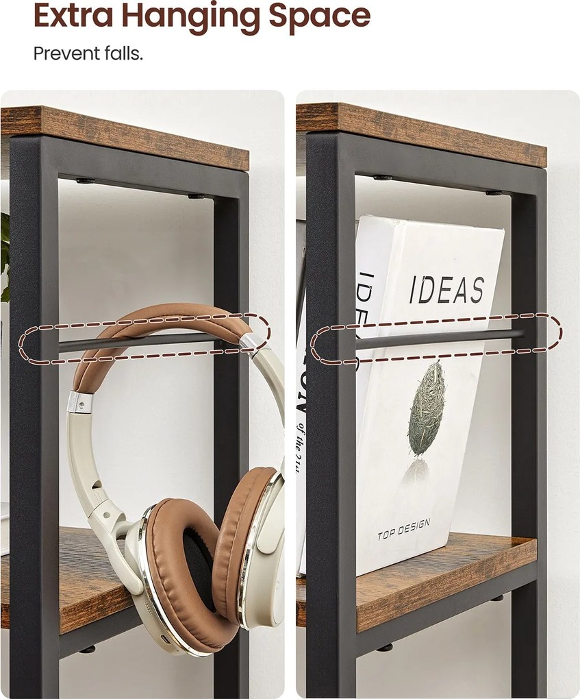 6 szintes könyvespolc, magas tárolópolc, 30 x 120 x 170 cm, barna és fekete