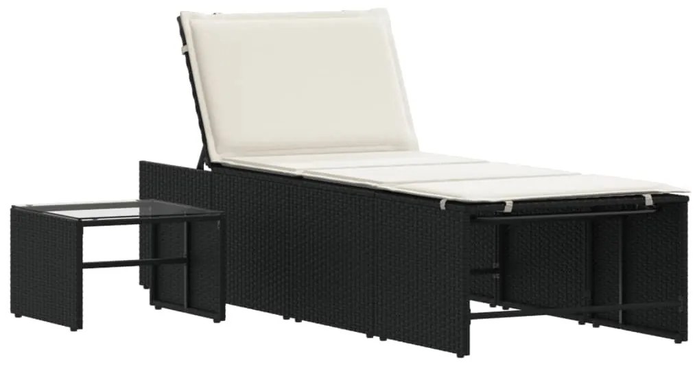 2 db fekete polyrattan napozóágy asztallal