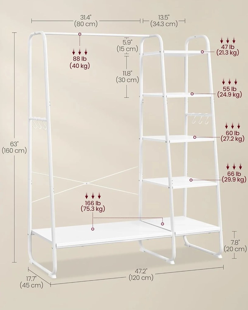 Ruhatartó állvány cipőtartóval, 5 szintes tárolópolccal, 45 x 120 x 160 cm, fehér