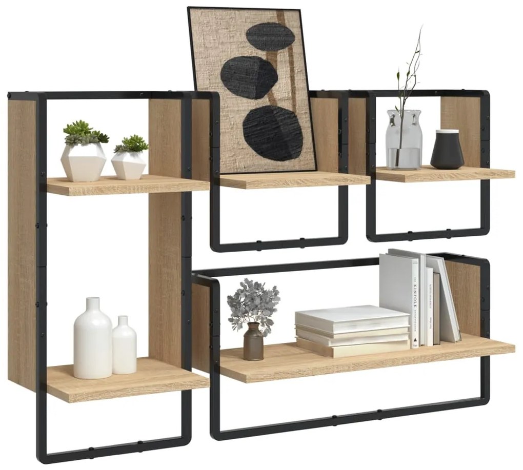 4 részes sonoma tölgy színű szerelt fa fali polc szett rúddal