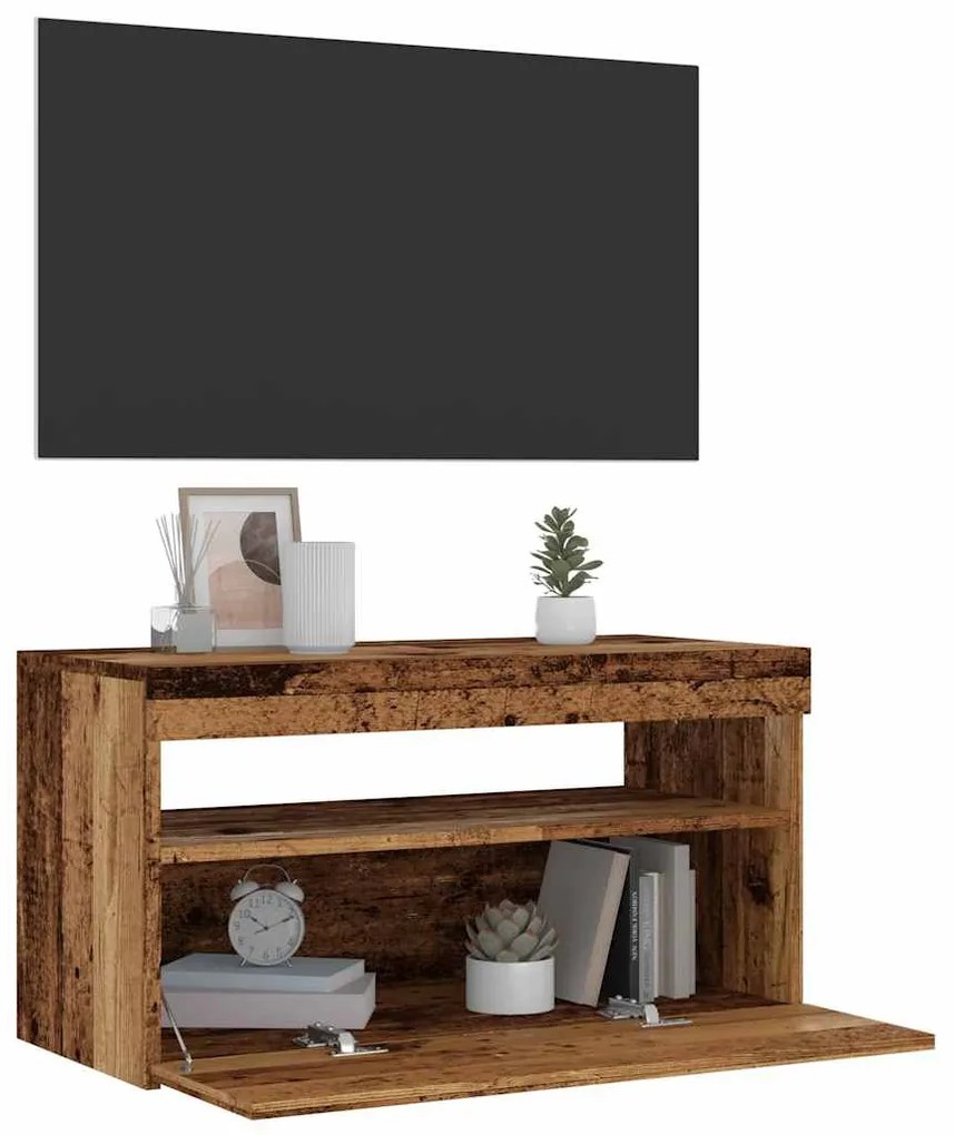 antik fa színű szerelt fa TV-szekrény LED-ekkel 75x35x40 cm