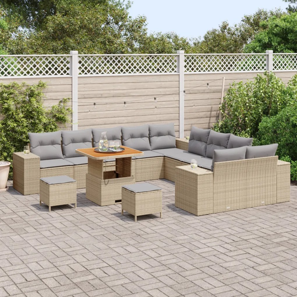 13 darabos Kert Sofa Szett Párnákkal Bézs Poli Rattan Akáciával, 3 darabos Kert Étkező Szett Párnákkal Bézs Poli Rattan Akáciával