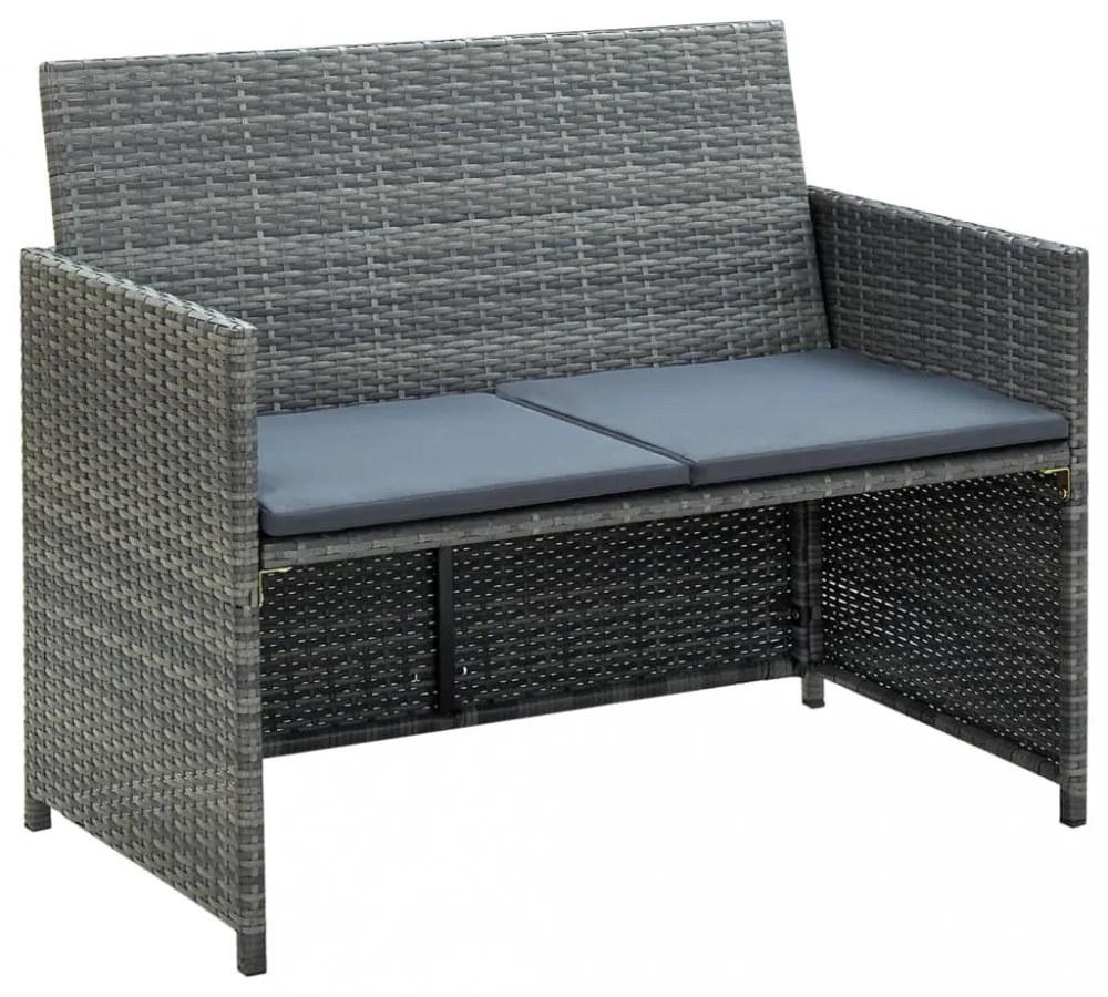 szürke kétszemélyes polyrattan kerti kanapé párnákkal