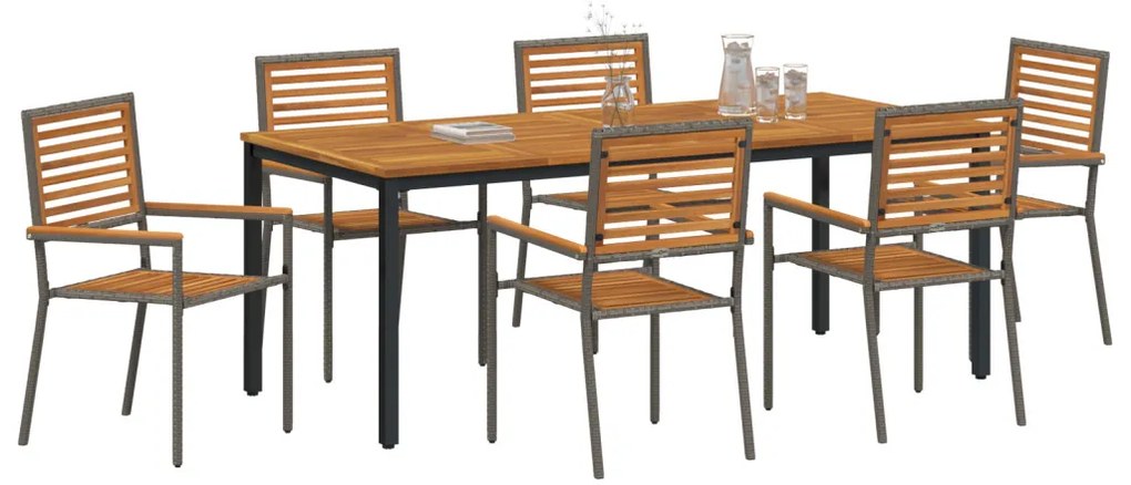 7 darabos Kerti Étkezőszett Szürke Poli Rattan Akác, Egymásra rakható Kerti Székek párnákkal 2 db Szürke Poli Rattan, Kerti Asztal 200x90x75 cm Szilárd Akác Fa és Fém