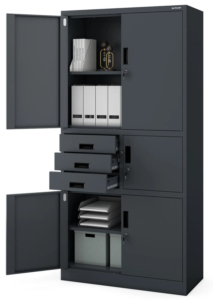 Fém iratszekrény széffel és fiókokkal FILIP II, 900 x 1850 x 400 mm, szürke