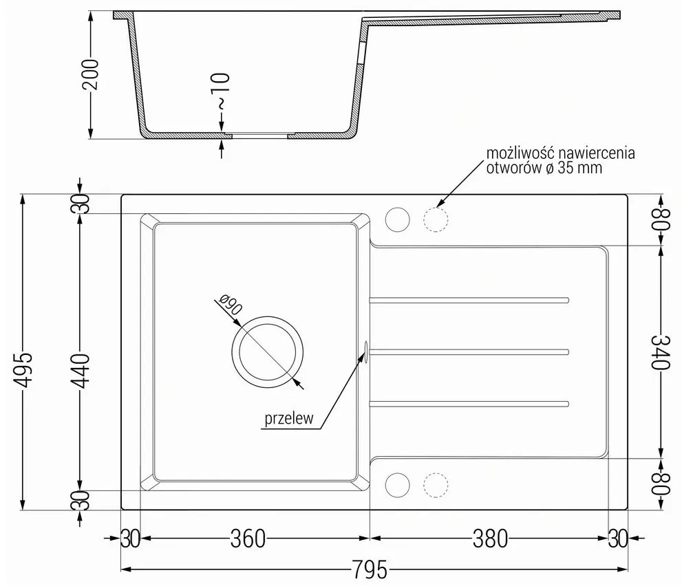 Mexen Bruno - gránit mosogató 79,5x49,5cm + Flex csaptelep, 1 kamrás, fekete, 6513791010-77-Flex