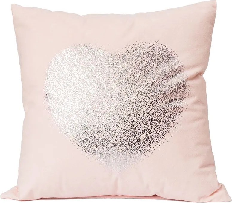 Szív párnahuzat, 40x40cm, rózsaszín, ezüst díszítéssel