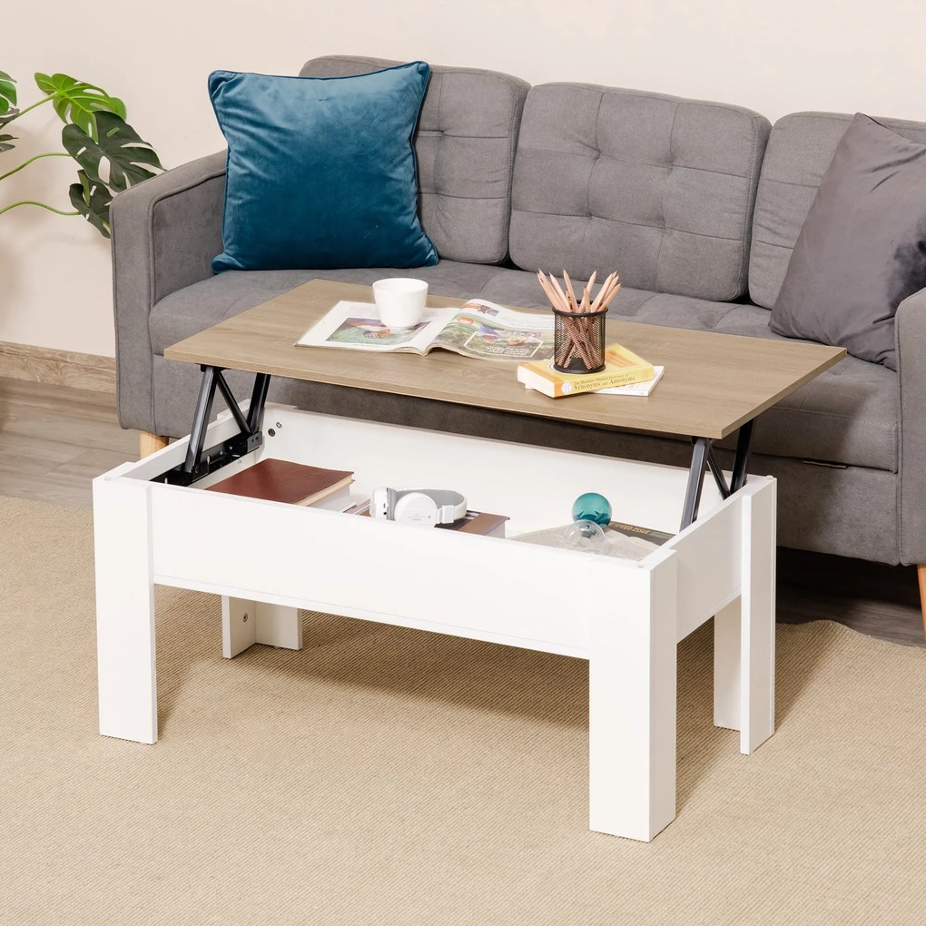 HomCom Emelhető Tetővel Bíró Dohányzóasztal Rejtett Tárolóhellyel 100x50x45-58.5 cm Fehér és Természetes | Aosom