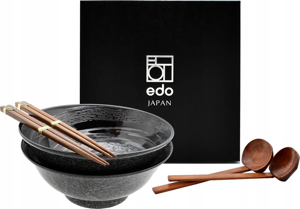 2 db-os tál szett kanállal és pálcikákkal Ramen Rasen Kuro 22 cm 1100 ml Box