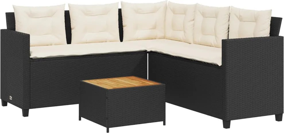 vidaXL L-alakú fekete polyrattan kerti kanapé asztallal és párnával