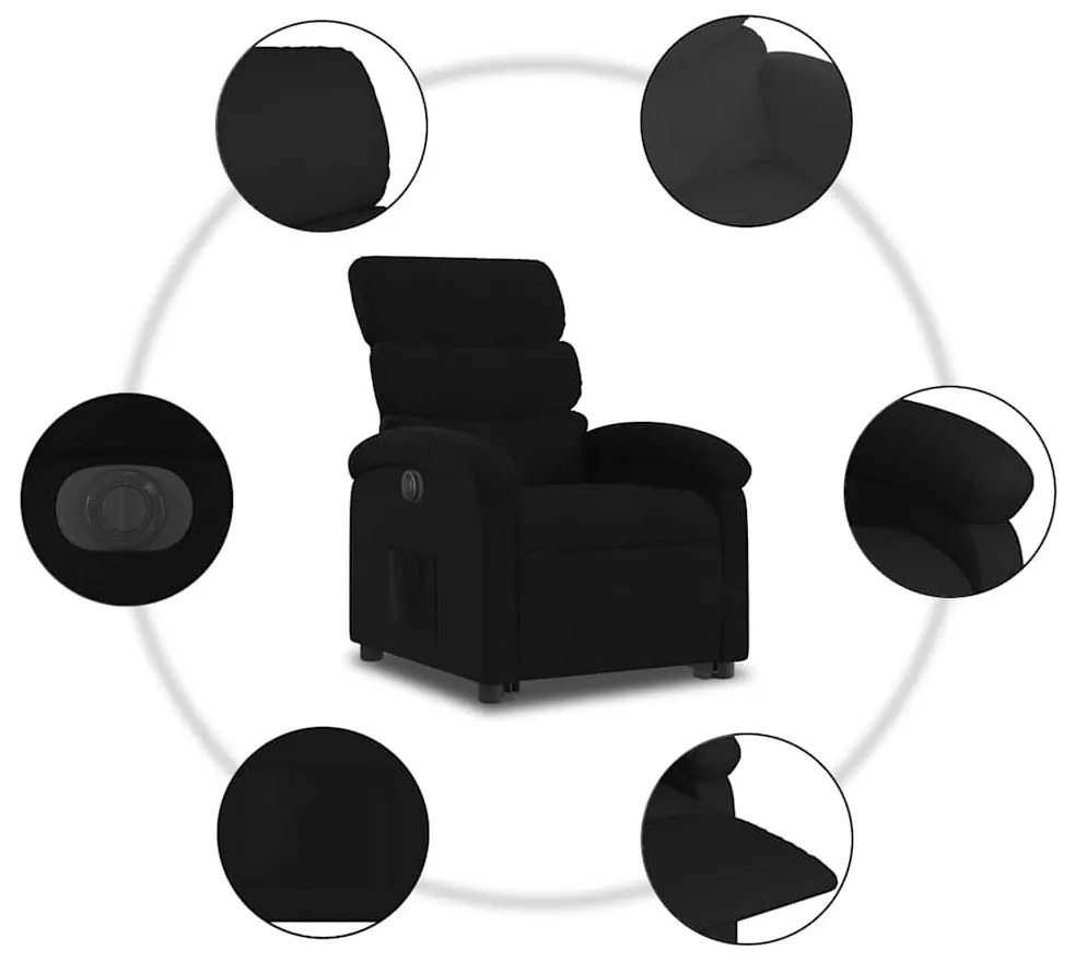 elektromos felállást segítő fekete szövet dönthető fotel