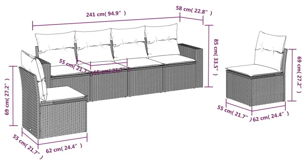 6 részes fekete polyrattan kerti ülőgarnitúra párnákkal