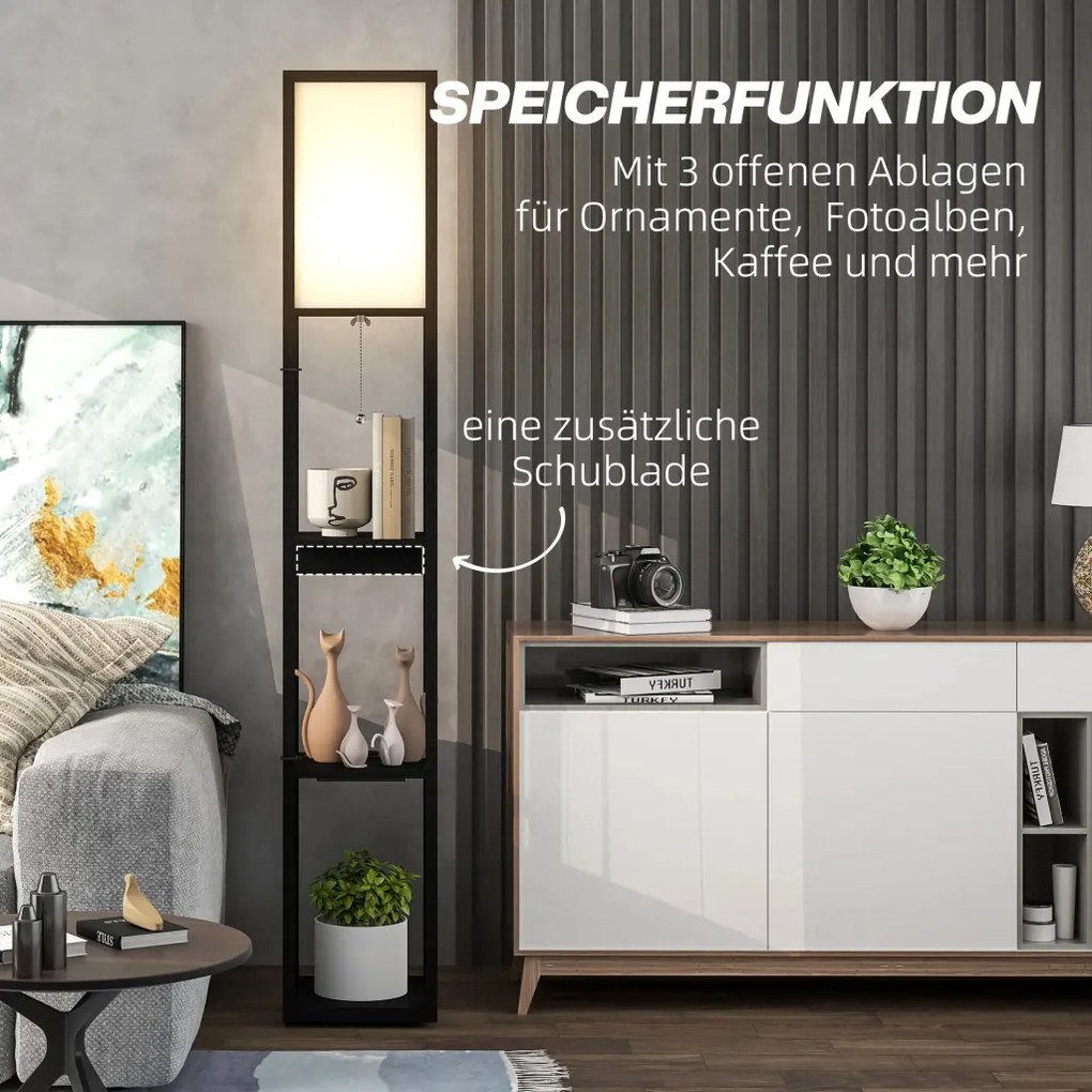 HOMCOM Állólámpa 3-szintes polccal, lábkapcsolóval, USB portokkal, MDF, fekete