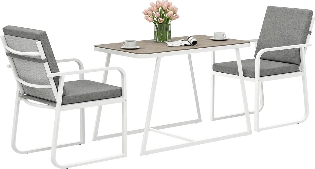 Outsunny 3 darabos kert bútor szett üveg asztallal, 2 kültéri szék karfával és mosható párnákkal, acél és Textilene bútor szett teraszra, fehér | Aoso