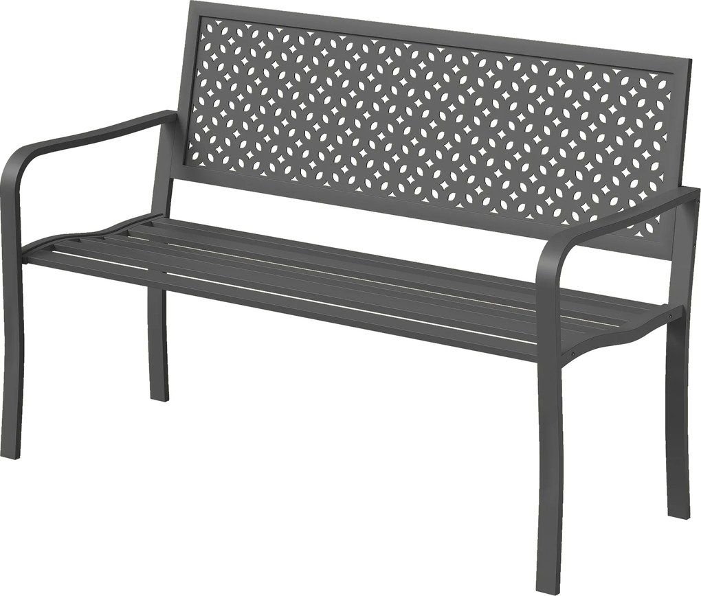 Outsunny 2 személyes fém kerti pad – időjárásálló, rozsdaálló lamellás acél háttámla, geometrikus dizájn, max. 240 kg, 127 x 61 x 85 cm, sötétszürke |