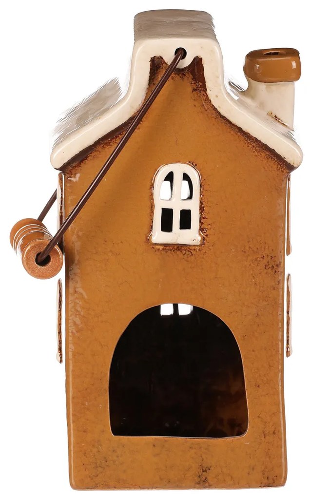 Ház gyertyatartó fogantyúval, barna, kerámia, 13 x 10 x 37 cm