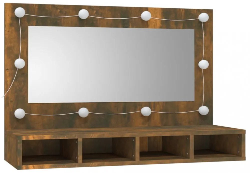 füstös tölgy színű tükrös szekrény LED-ekkel 90 x 31,5 x 62 cm