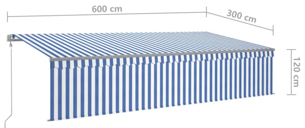 kék és fehér redőnyös, szélérzékelős, LED-es napellenző 6x3 m