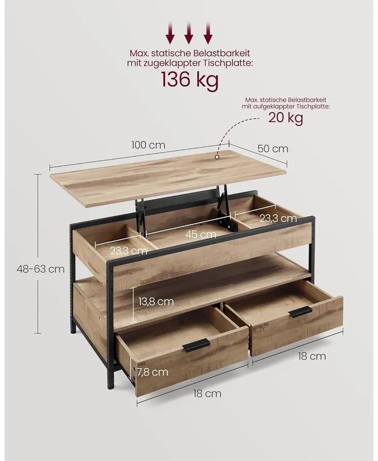 VASAGLE magasságban állítható dohányzóasztal, 50 × 100 cm, karamellbarna–tintafekete színben