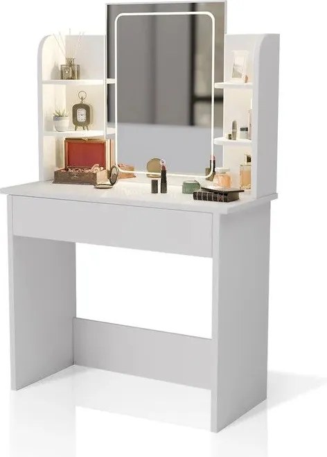 Modern fehér sminkasztal LED tükörrel és polcokkal Zoey