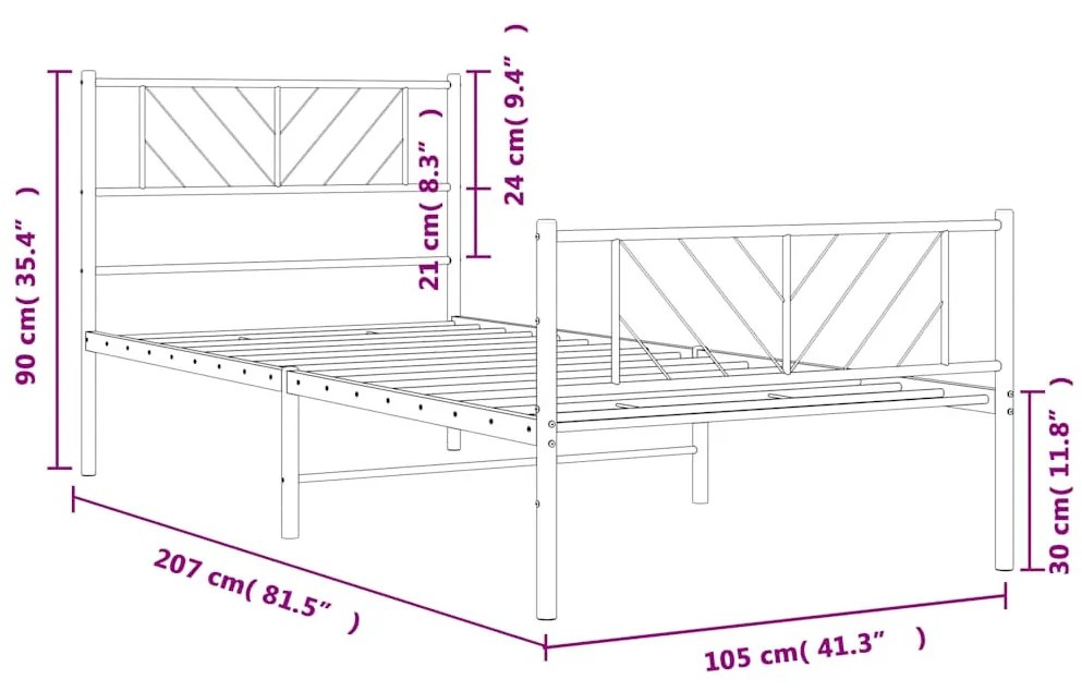 fehér fém ágykeret fej- és lábtámlával 100x200 cm