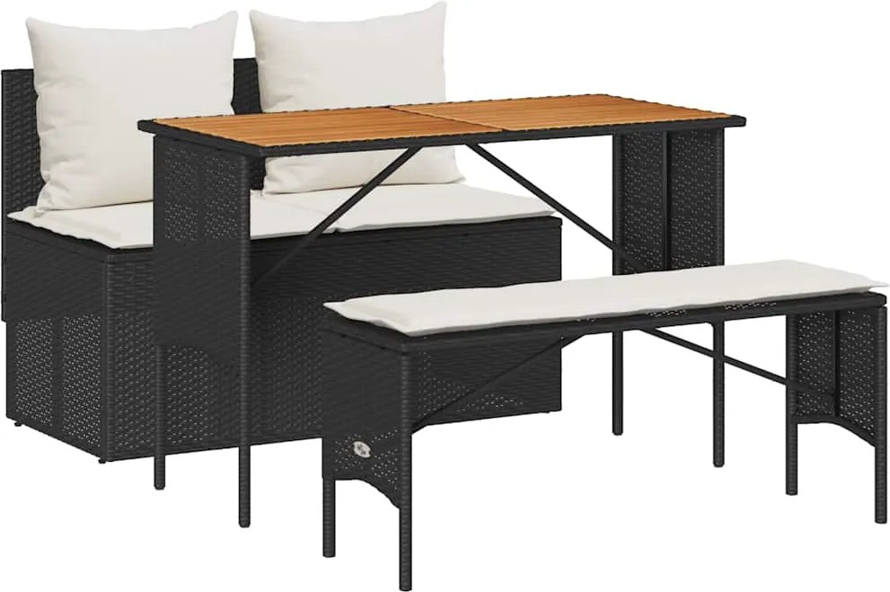 vidaXL 3 részes fekete polyrattan kerti étkezőgarnitúra párnákkal