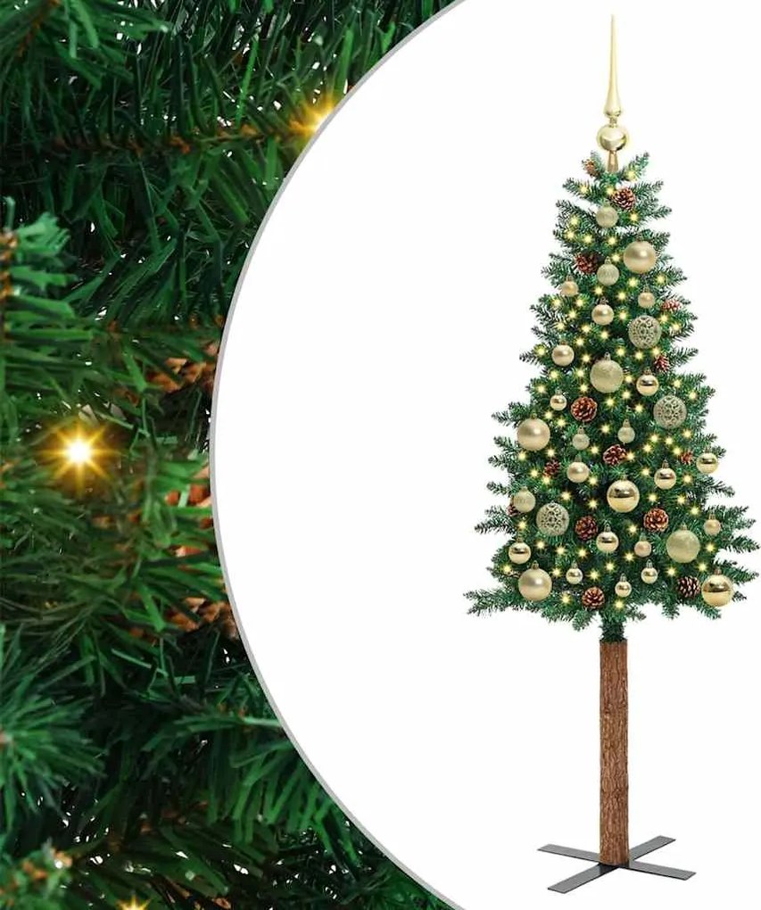 vidaXL Karcsú karácsonyfa 150 LED-del Zöld 150 cm PVC és tömör fenyőfa