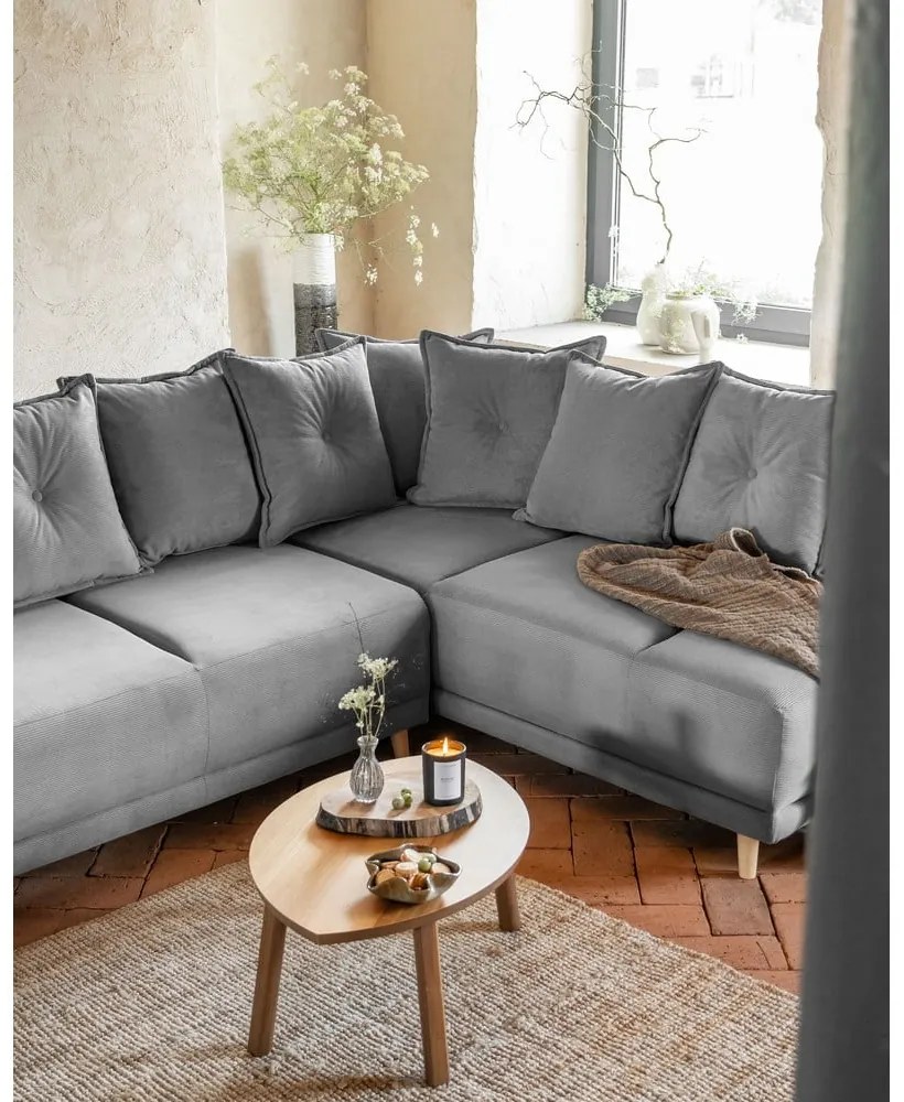 Szürke kordbársony kinyitható sarokkanapé (jobb oldali) Lazy Lukka – Miuform