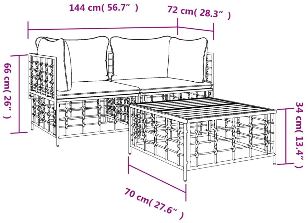 vidaXL 3 részes antracitszürke polyrattan kerti ülőgarnitúra párnákkal