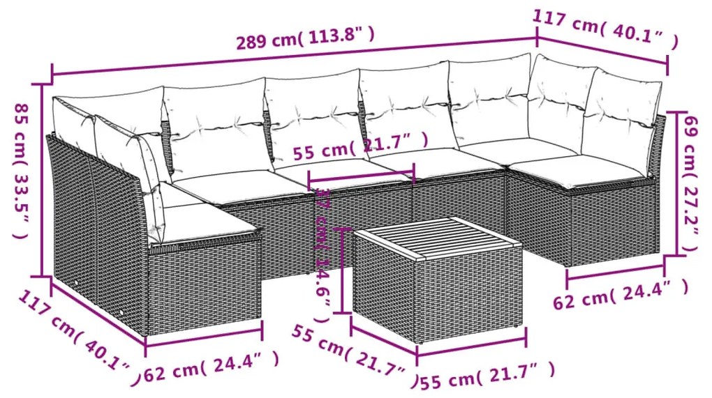 8 részes fekete polyrattan kerti ülőgarnitúra párnákkal