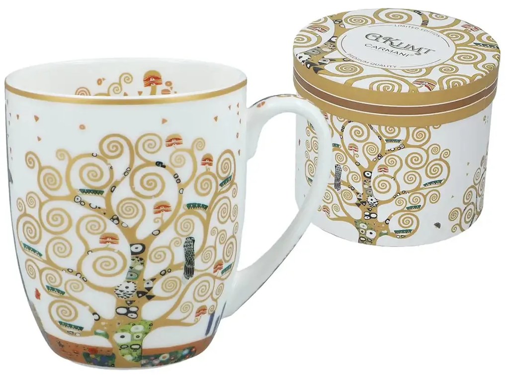 Porcelán bögre 400 ml fém díszdobozban Klimt Életfa fehér arany mintás