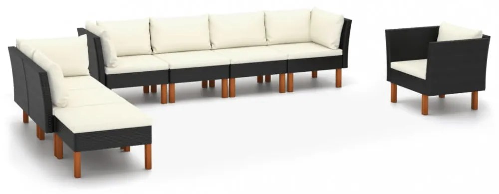 8 részes fekete polyrattan és eukaliptuszfa kerti ülőgarnitúra